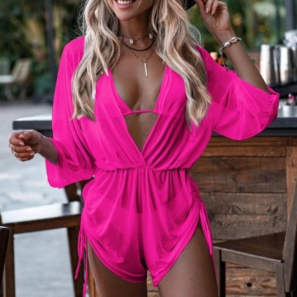Hot Pink Preppy Womens Plain Halter Triangle Bikini Swimsuit With Cover Up - Picture 2 of 13